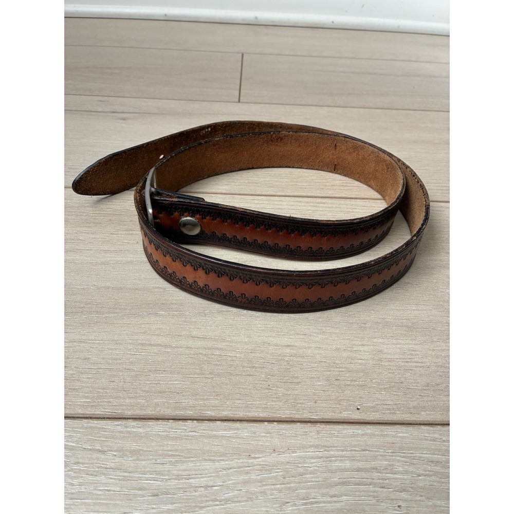 Mens Vintage Brown Tooled Leather Belt Embossed Western Pattern 46 Inch